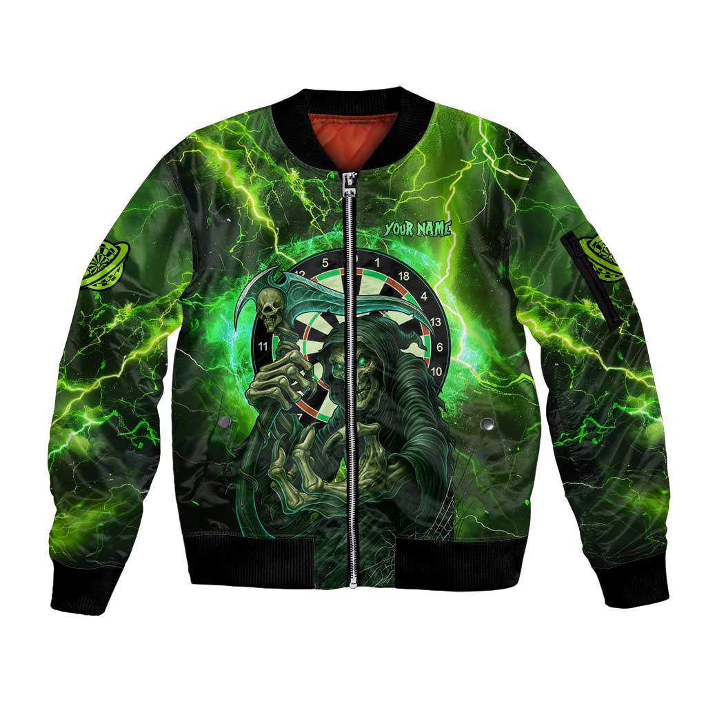 Grim Reaper and Dartboard Darts Sleeve Zip Bomber Jacket with Green Lightning Background and Custom Team Name - Wonder Print Shop