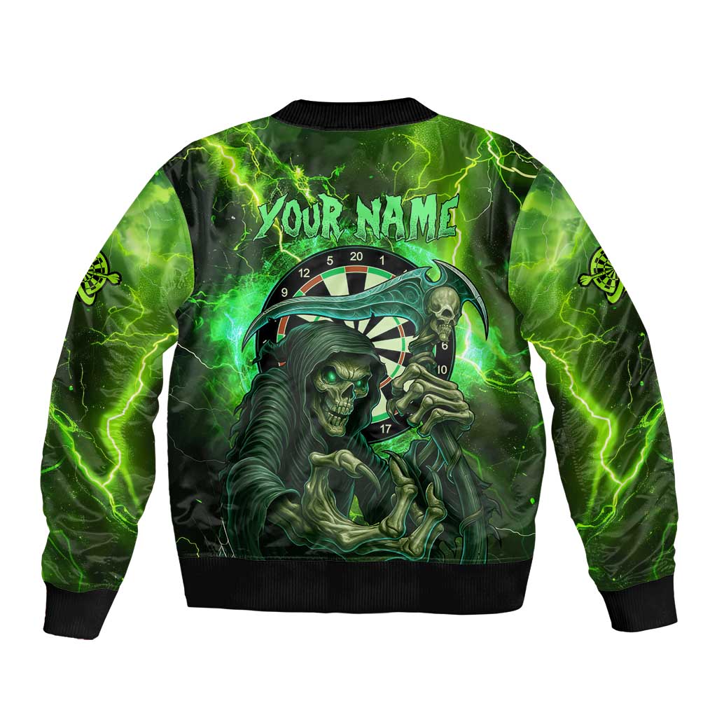Grim Reaper and Dartboard Darts Sleeve Zip Bomber Jacket with Green Lightning Background and Custom Team Name - Wonder Print Shop