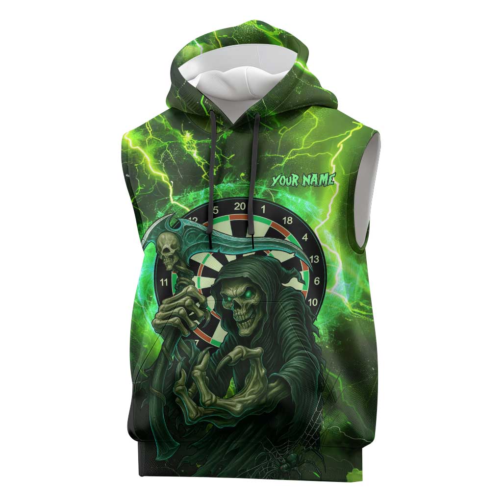 Grim Reaper and Dartboard Darts Sleeveless Hoodie with Green Lightning Background and Custom Team Name - Wonder Print Shop