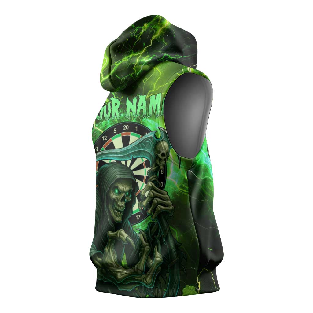 Grim Reaper and Dartboard Darts Sleeveless Hoodie with Green Lightning Background and Custom Team Name - Wonder Print Shop