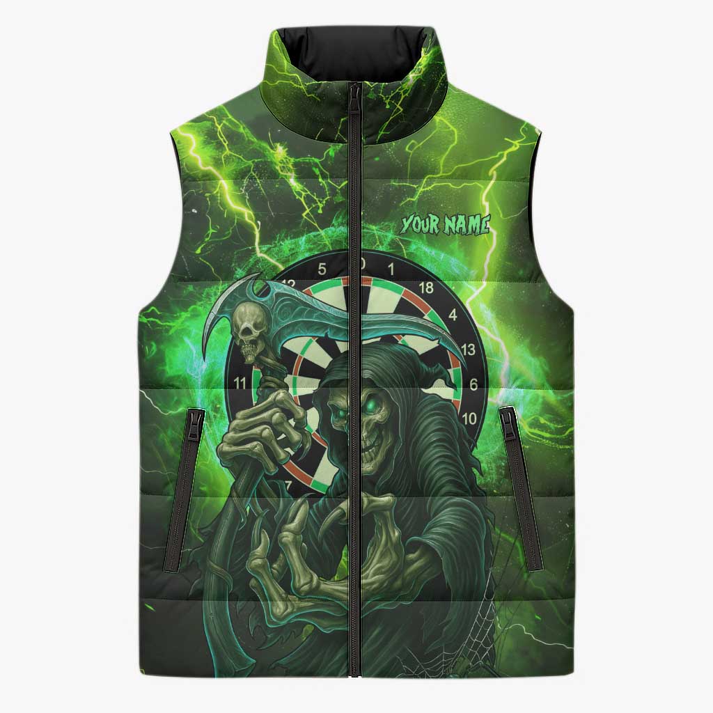 Grim Reaper and Dartboard Darts Sleeveless Puffer Jacket with Green Lightning Background and Custom Team Name - Wonder Print Shop