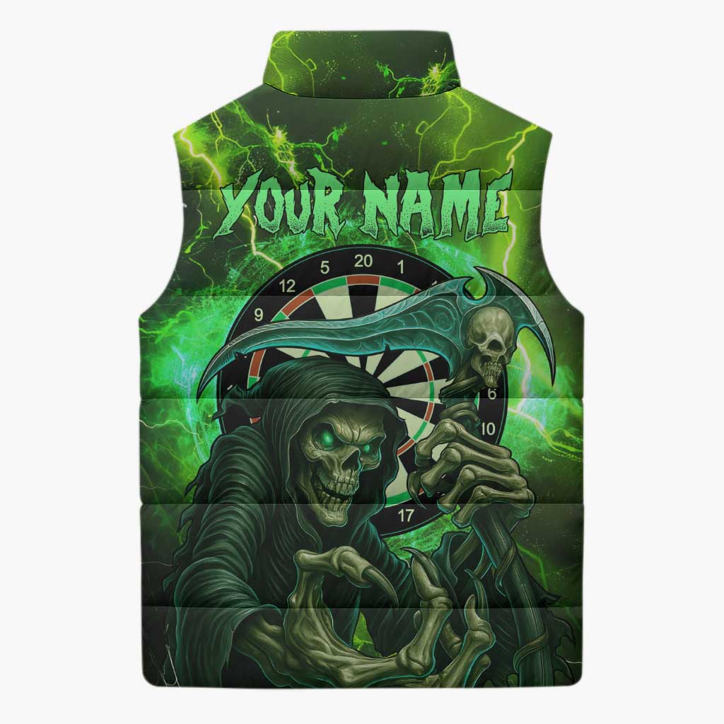 Grim Reaper and Dartboard Darts Sleeveless Puffer Jacket with Green Lightning Background and Custom Team Name - Wonder Print Shop
