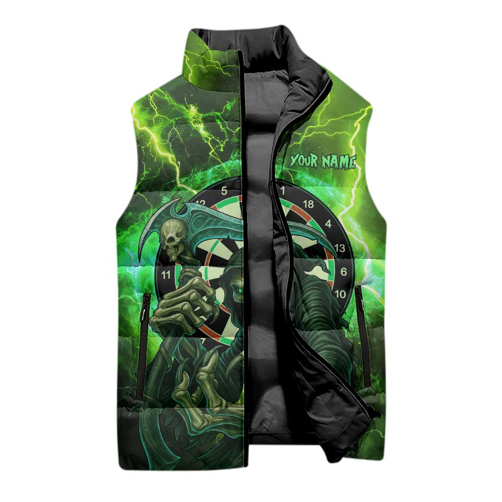 Grim Reaper and Dartboard Darts Sleeveless Puffer Jacket with Green Lightning Background and Custom Team Name - Wonder Print Shop