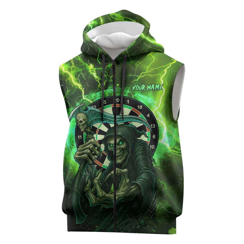 Grim Reaper and Dartboard Darts Sleeveless Zip Hoodie with Green Lightning Background and Custom Team Name - Wonder Print Shop
