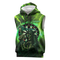 Grim Reaper and Dartboard Darts Sleeveless Zip Hoodie with Green Lightning Background and Custom Team Name - Wonder Print Shop