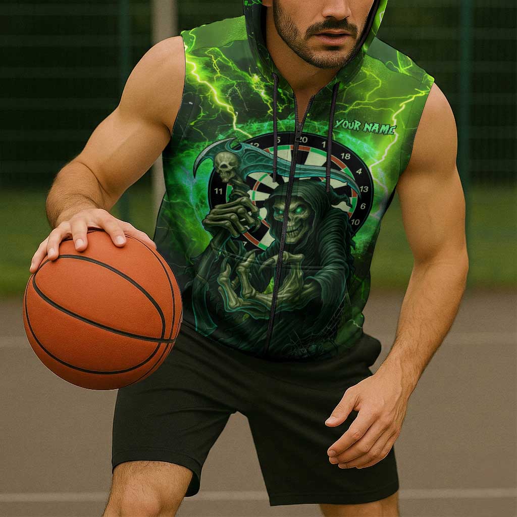 Grim Reaper and Dartboard Darts Sleeveless Zip Hoodie with Green Lightning Background and Custom Team Name - Wonder Print Shop