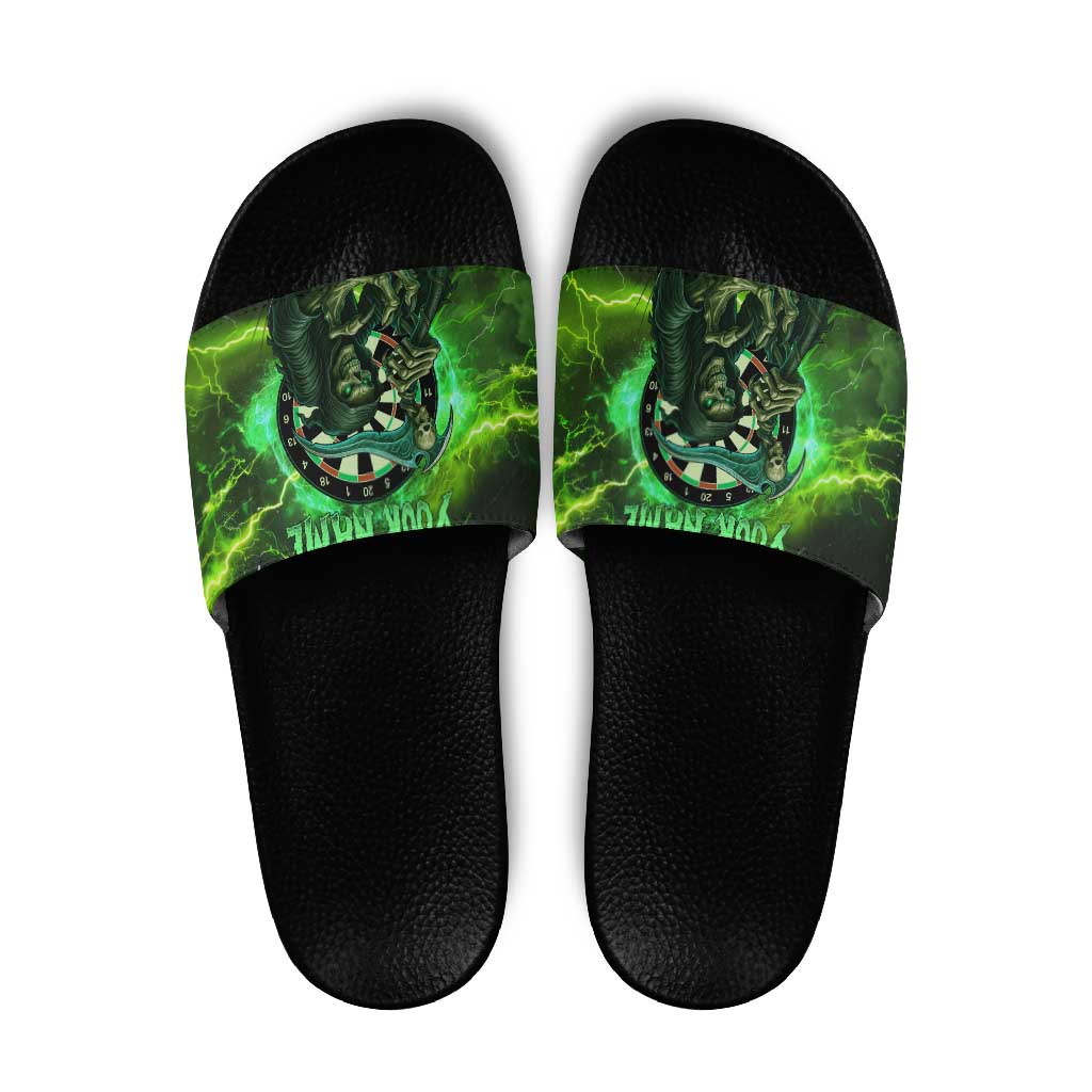 Grim Reaper and Dartboard Darts Slide Sandals with Green Lightning Background and Custom Team Name - Wonder Print Shop