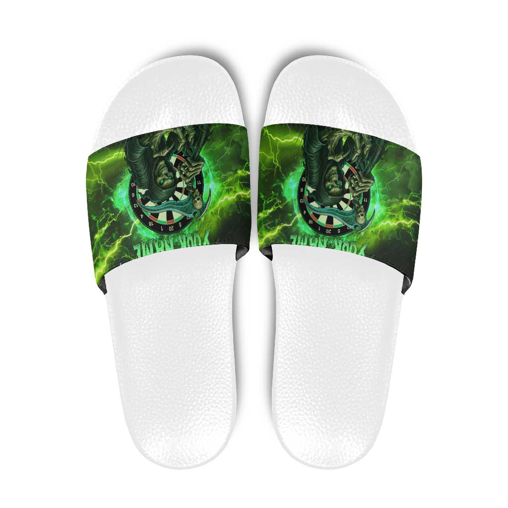 Grim Reaper and Dartboard Darts Slide Sandals with Green Lightning Background and Custom Team Name - Wonder Print Shop