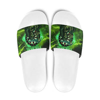 Grim Reaper and Dartboard Darts Slide Sandals with Green Lightning Background and Custom Team Name - Wonder Print Shop