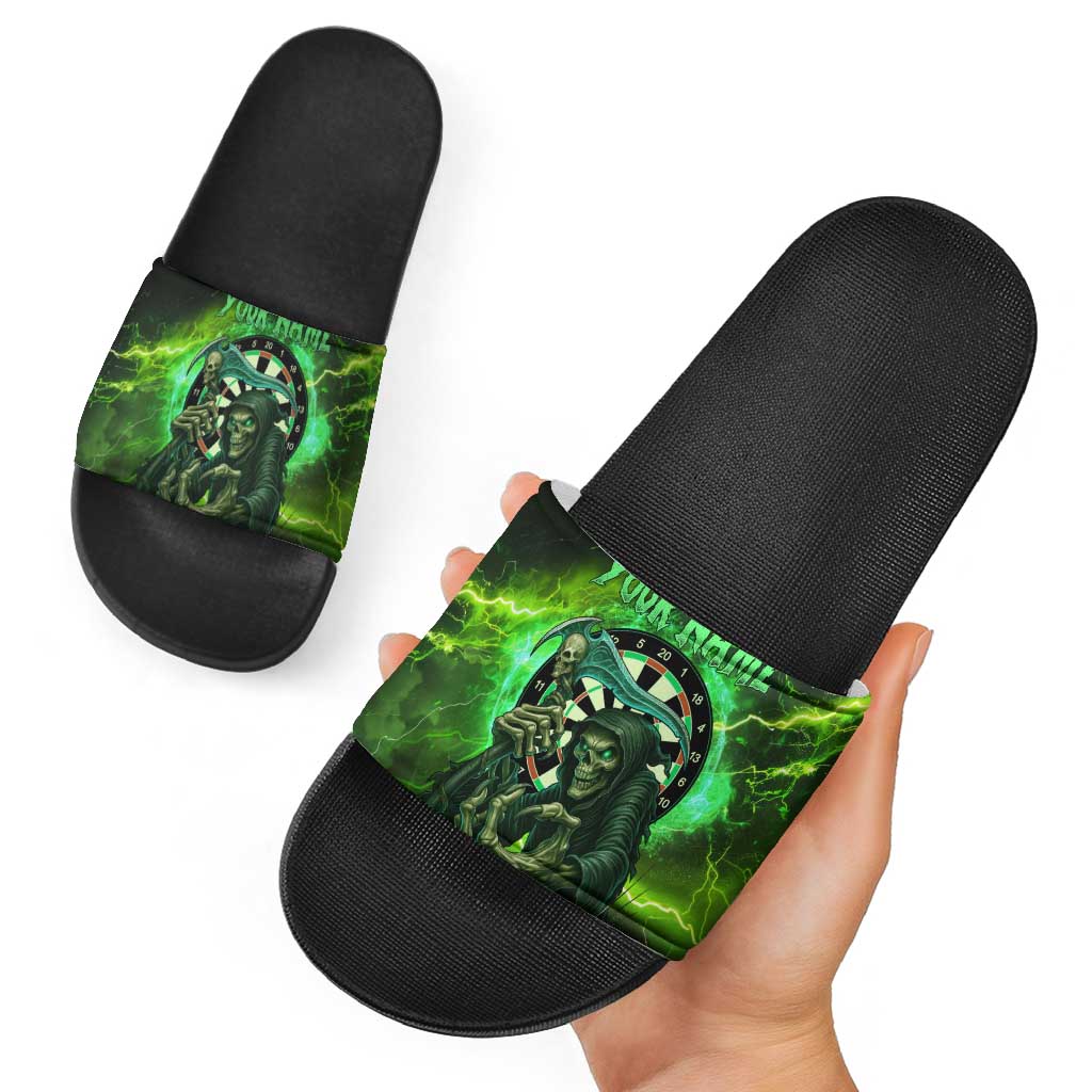 Grim Reaper and Dartboard Darts Slide Sandals with Green Lightning Background and Custom Team Name - Wonder Print Shop