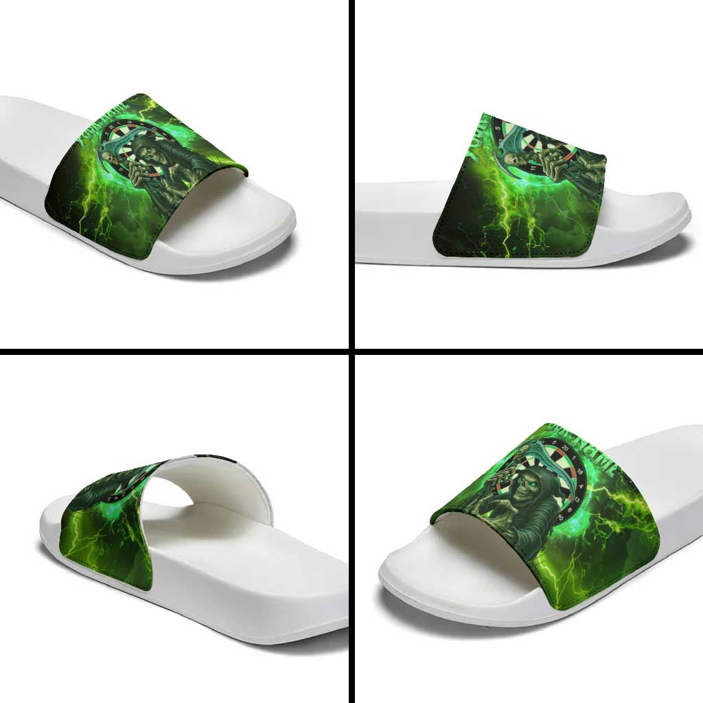 Grim Reaper and Dartboard Darts Slide Sandals with Green Lightning Background and Custom Team Name - Wonder Print Shop
