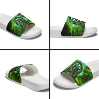 Grim Reaper and Dartboard Darts Slide Sandals with Green Lightning Background and Custom Team Name - Wonder Print Shop