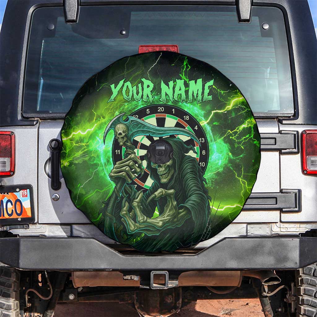 Grim Reaper and Dartboard Darts Spare Tire Cover with Green Lightning Background and Custom Team Name - Wonder Print Shop