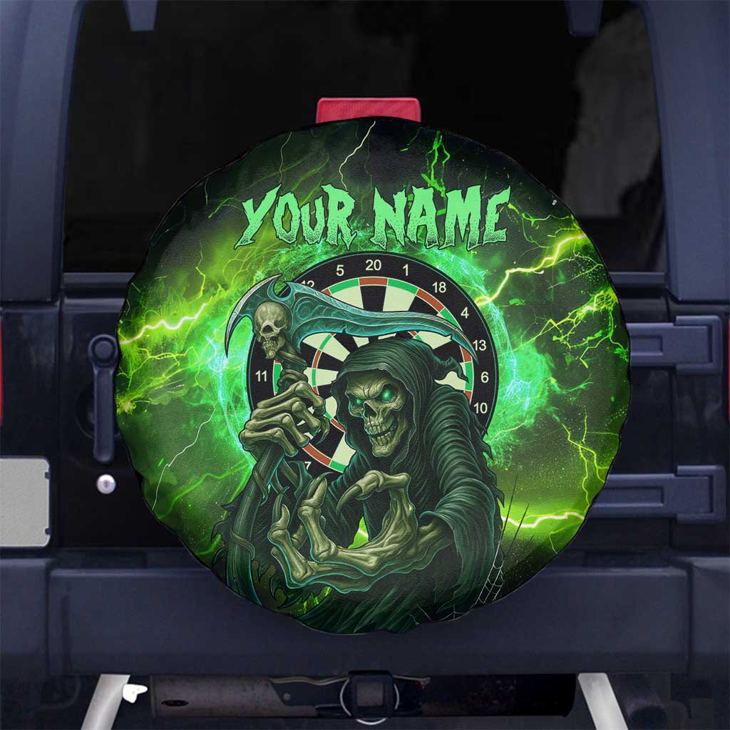 Grim Reaper and Dartboard Darts Spare Tire Cover with Green Lightning Background and Custom Team Name - Wonder Print Shop