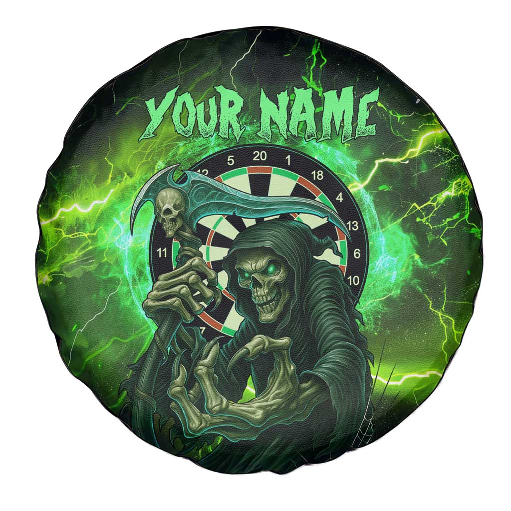 Grim Reaper and Dartboard Darts Spare Tire Cover with Green Lightning Background and Custom Team Name - Wonder Print Shop