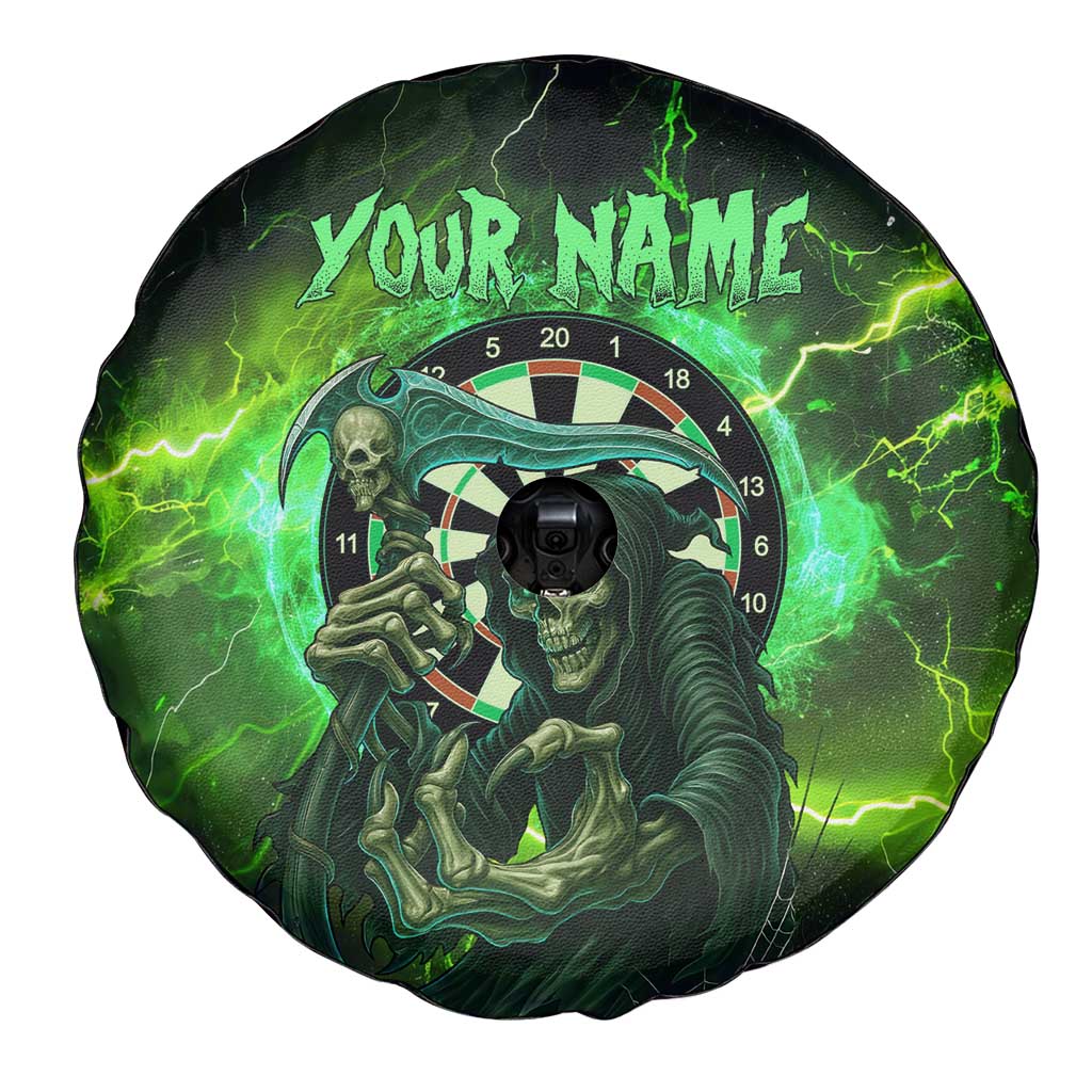 Grim Reaper and Dartboard Darts Spare Tire Cover with Green Lightning Background and Custom Team Name - Wonder Print Shop