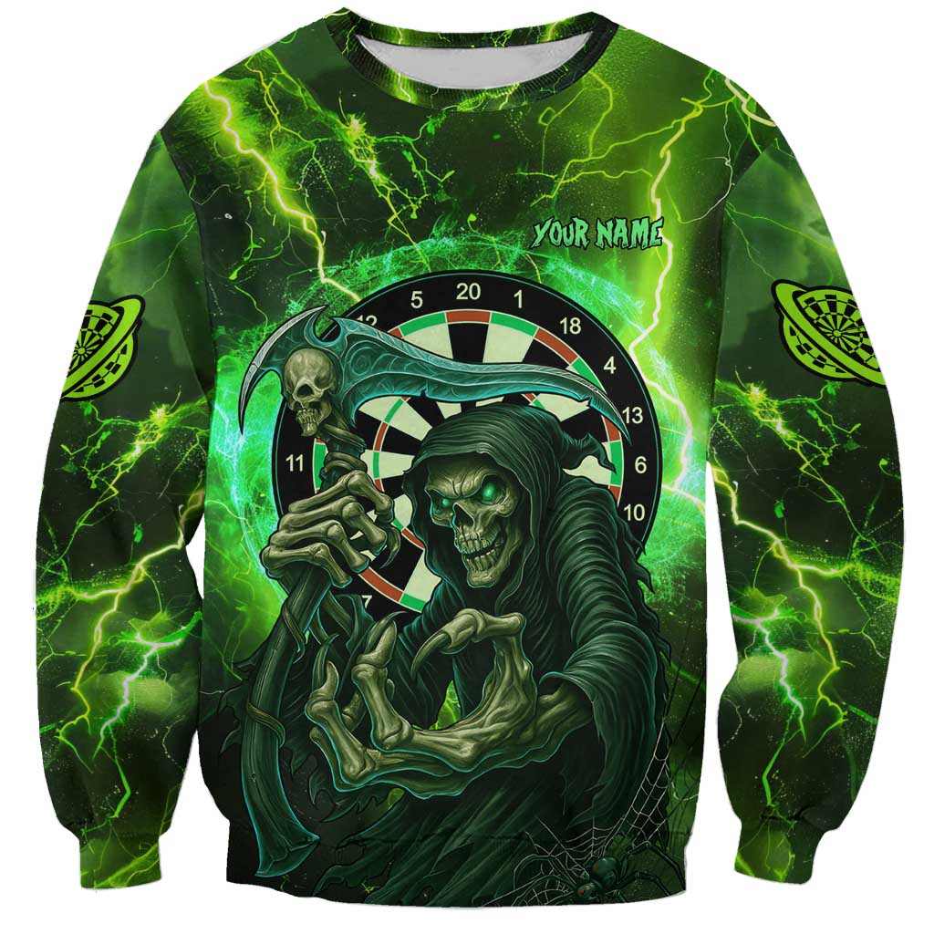 Grim Reaper and Dartboard Darts Sweatshirt with Green Lightning Background and Custom Team Name - Wonder Print Shop