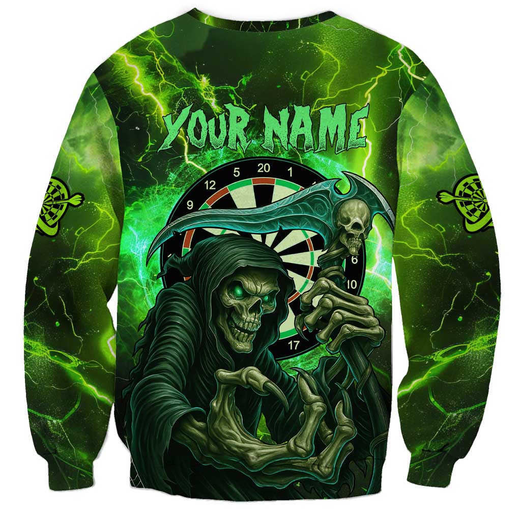 Grim Reaper and Dartboard Darts Sweatshirt with Green Lightning Background and Custom Team Name - Wonder Print Shop