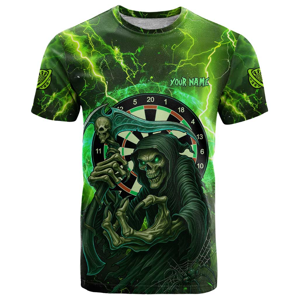 Grim Reaper and Dartboard Darts T Shirt with Green Lightning Background and Custom Team Name - Wonder Print Shop