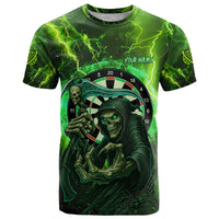 Grim Reaper and Dartboard Darts T Shirt with Green Lightning Background and Custom Team Name - Wonder Print Shop