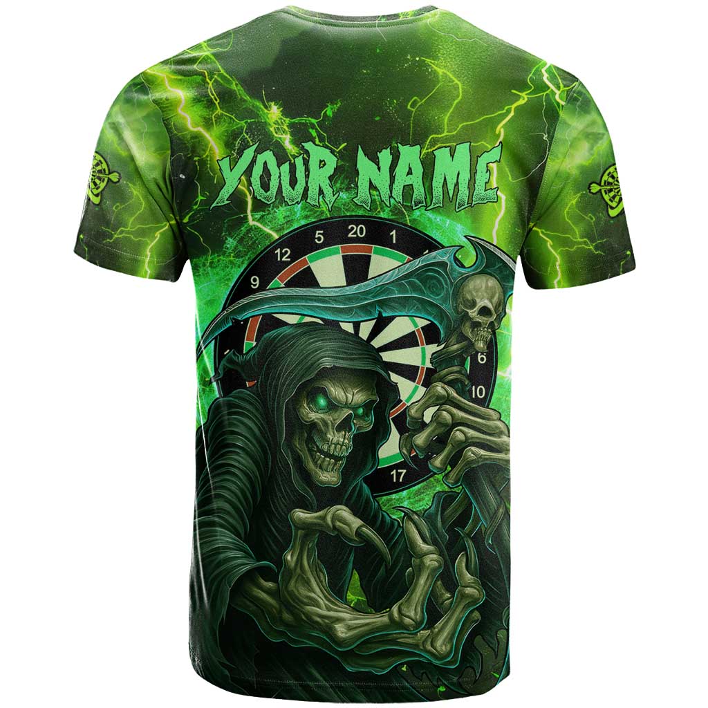 Grim Reaper and Dartboard Darts T Shirt with Green Lightning Background and Custom Team Name - Wonder Print Shop