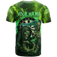 Grim Reaper and Dartboard Darts T Shirt with Green Lightning Background and Custom Team Name - Wonder Print Shop