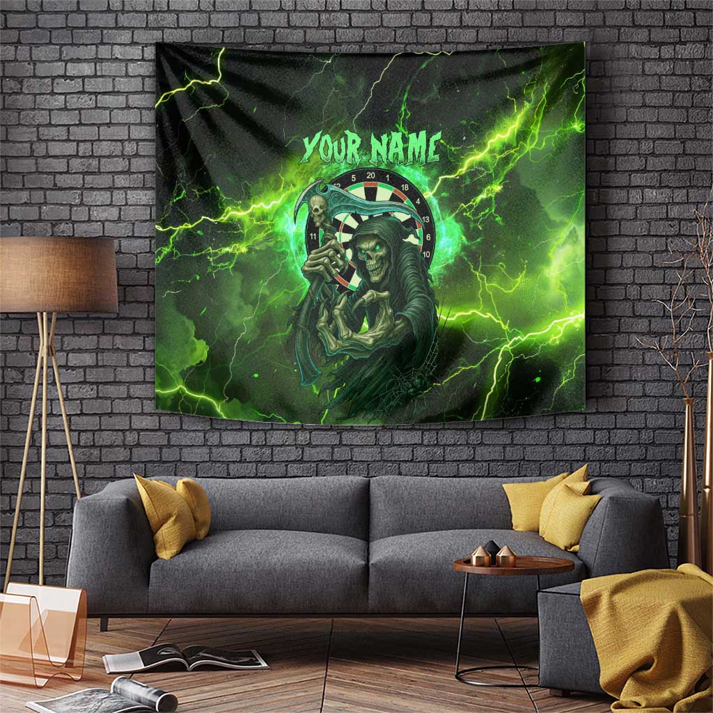 Grim Reaper and Dartboard Darts Tapestry with Green Lightning Background and Custom Team Name - Wonder Print Shop