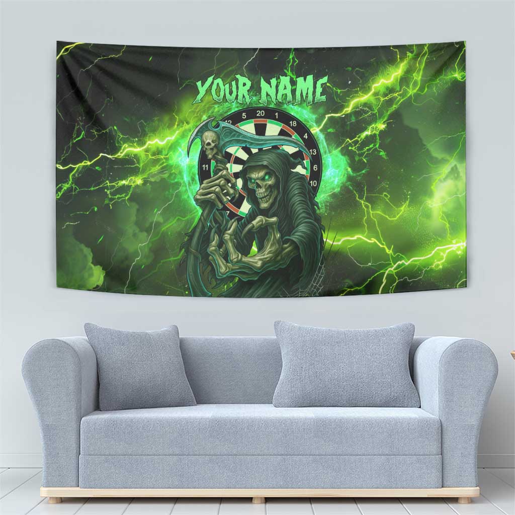 Grim Reaper and Dartboard Darts Tapestry with Green Lightning Background and Custom Team Name - Wonder Print Shop