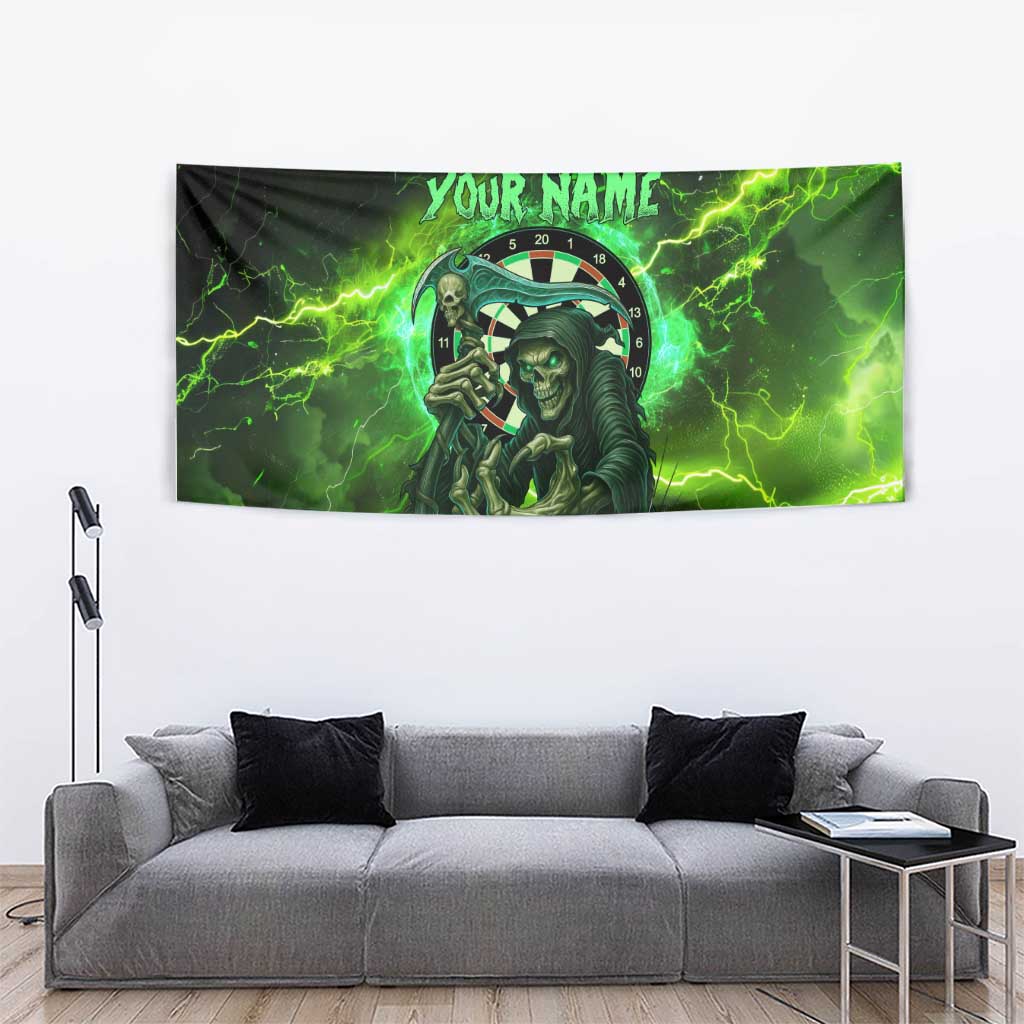 Grim Reaper and Dartboard Darts Tapestry with Green Lightning Background and Custom Team Name - Wonder Print Shop