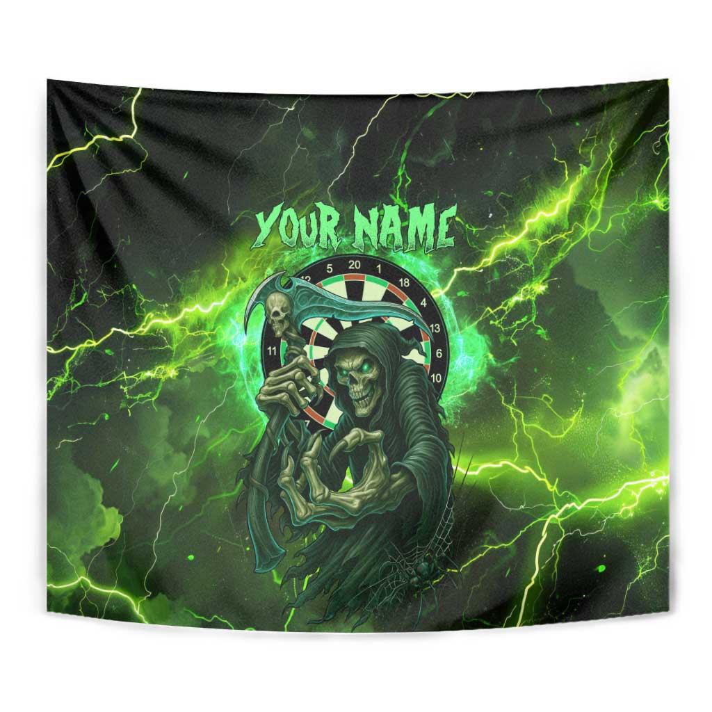 Grim Reaper and Dartboard Darts Tapestry with Green Lightning Background and Custom Team Name - Wonder Print Shop