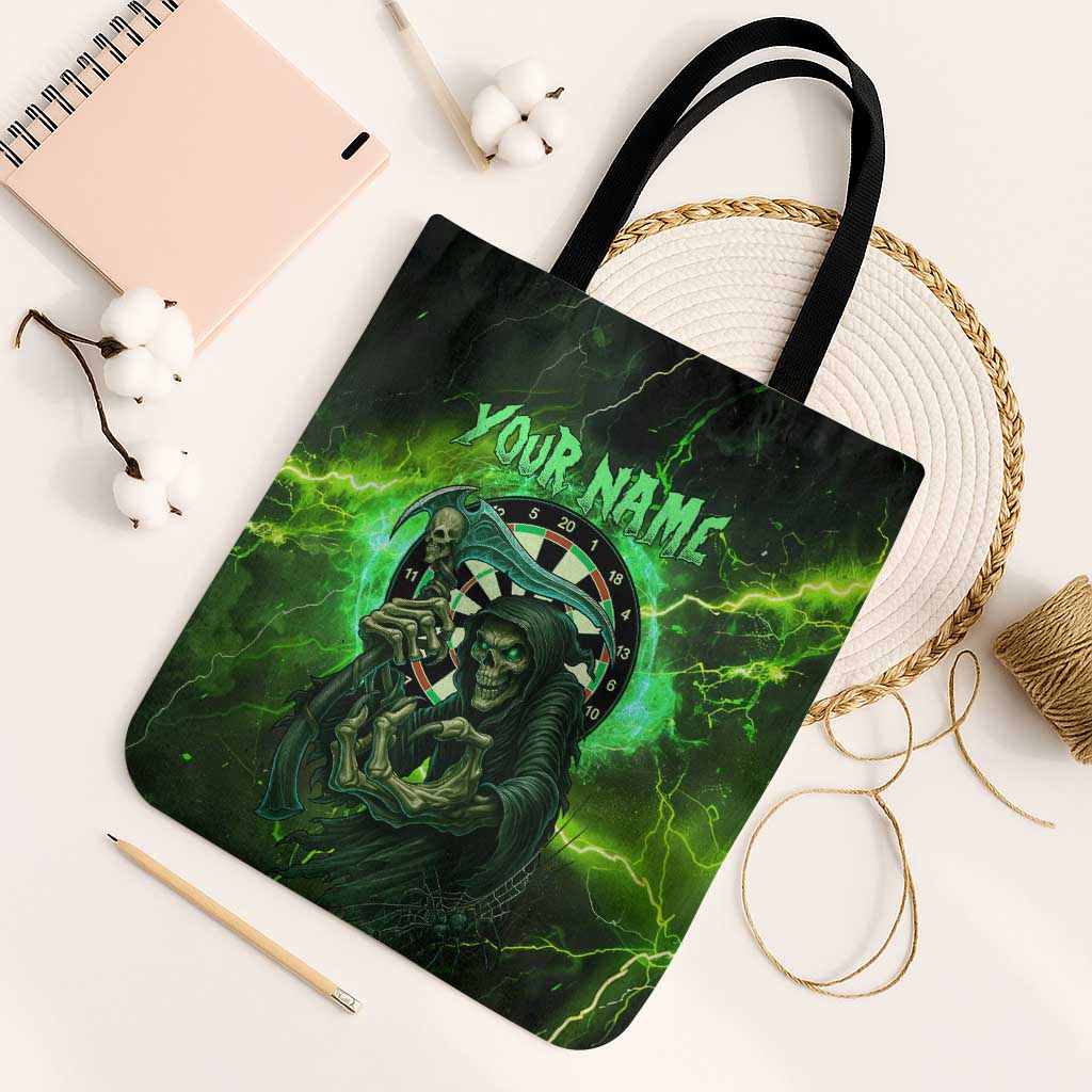 Grim Reaper and Dartboard Darts Tote Bag with Green Lightning Background and Custom Team Name - Wonder Print Shop