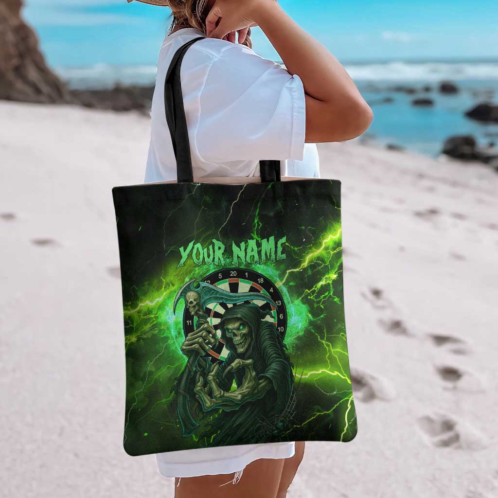 Grim Reaper and Dartboard Darts Tote Bag with Green Lightning Background and Custom Team Name - Wonder Print Shop
