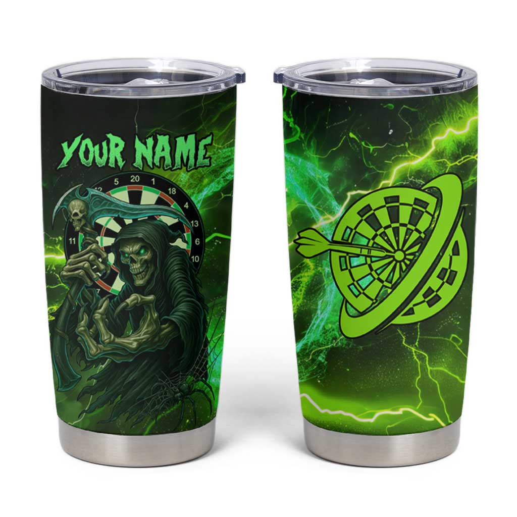 Grim Reaper and Dartboard Darts Tumbler Cup with Green Lightning Background and Custom Team Name - Wonder Print Shop