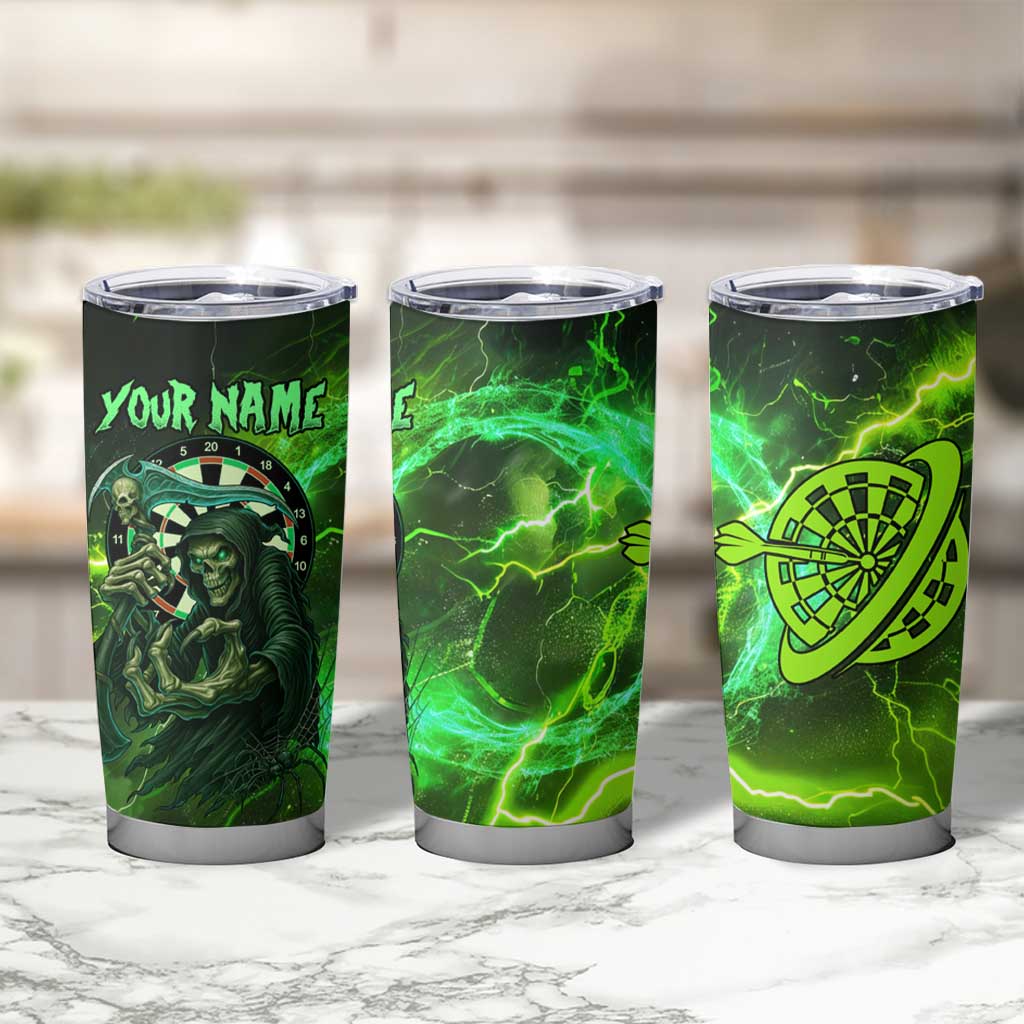 Grim Reaper and Dartboard Darts Tumbler Cup with Green Lightning Background and Custom Team Name - Wonder Print Shop