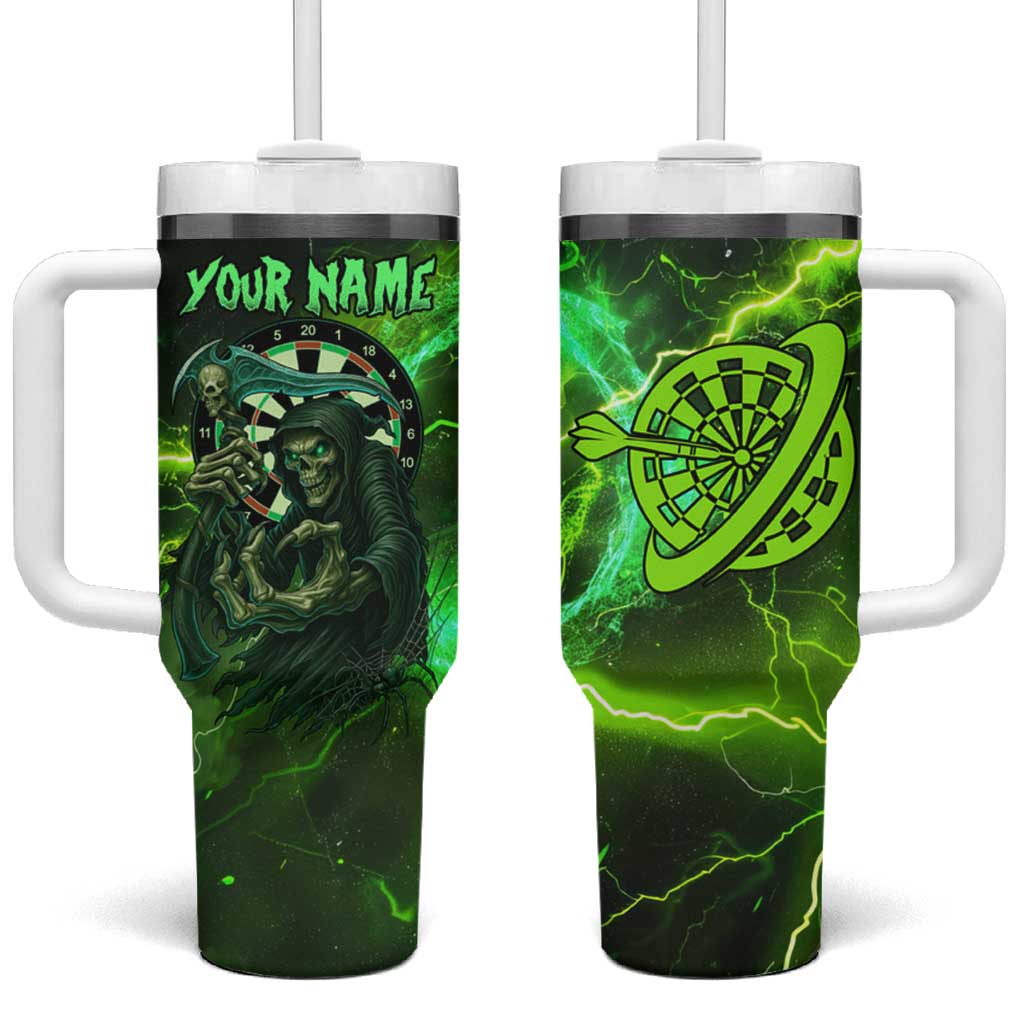 Grim Reaper and Dartboard Darts Tumbler With Handle with Green Lightning Background and Custom Team Name - Wonder Print Shop