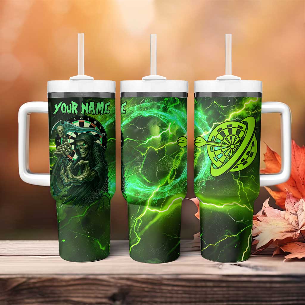 Grim Reaper and Dartboard Darts Tumbler With Handle with Green Lightning Background and Custom Team Name - Wonder Print Shop