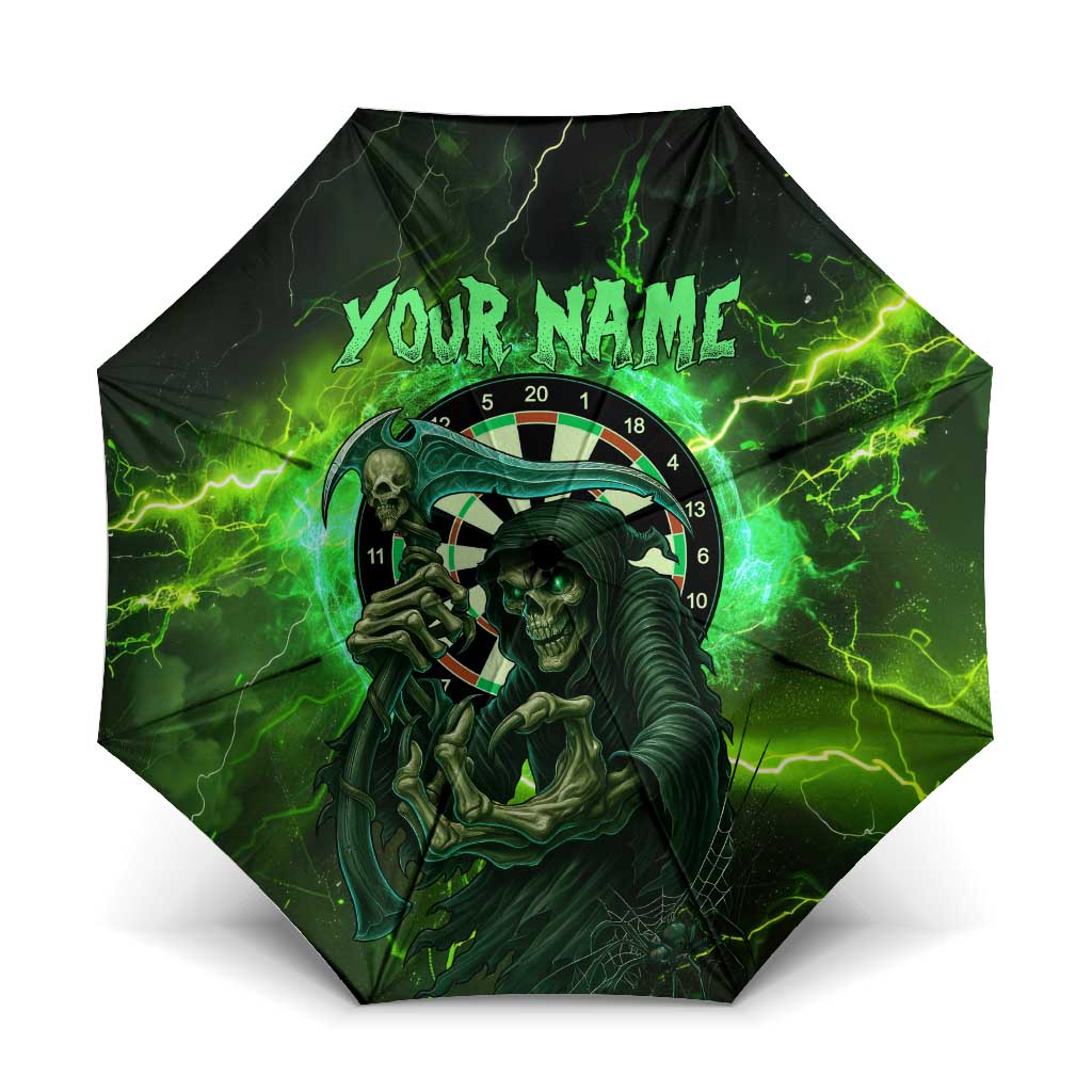 Grim Reaper and Dartboard Darts Umbrella with Green Lightning Background and Custom Team Name - Wonder Print Shop