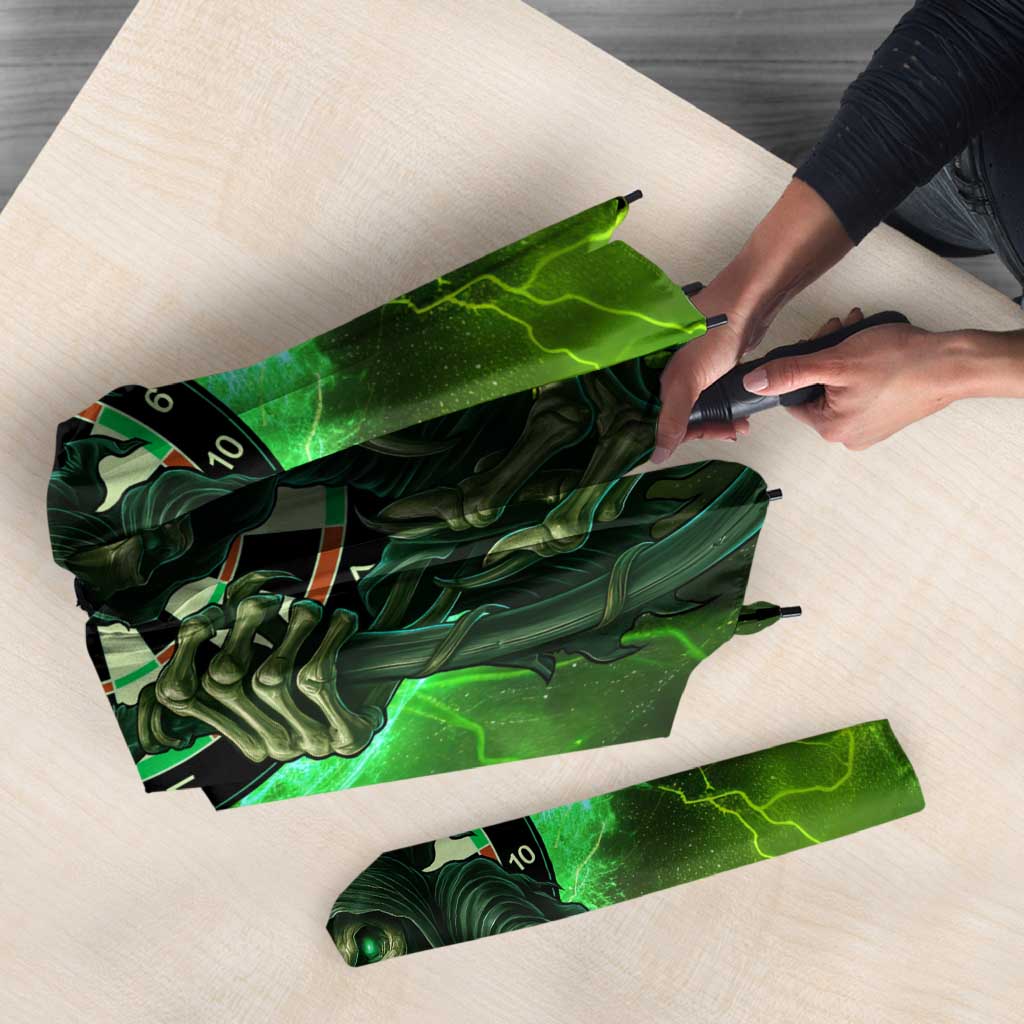 Grim Reaper and Dartboard Darts Umbrella with Green Lightning Background and Custom Team Name - Wonder Print Shop