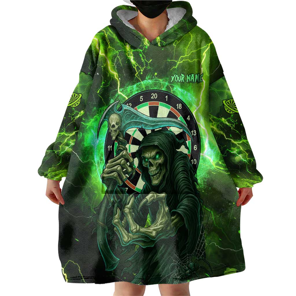 Grim Reaper and Dartboard Darts Wearable Blanket Hoodie with Green Lightning Background and Custom Team Name - Wonder Print Shop