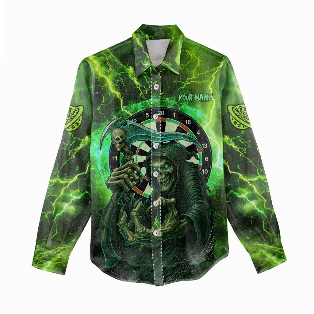 Grim Reaper and Dartboard Darts Women Casual Shirt with Green Lightning Background and Custom Team Name - Wonder Print Shop