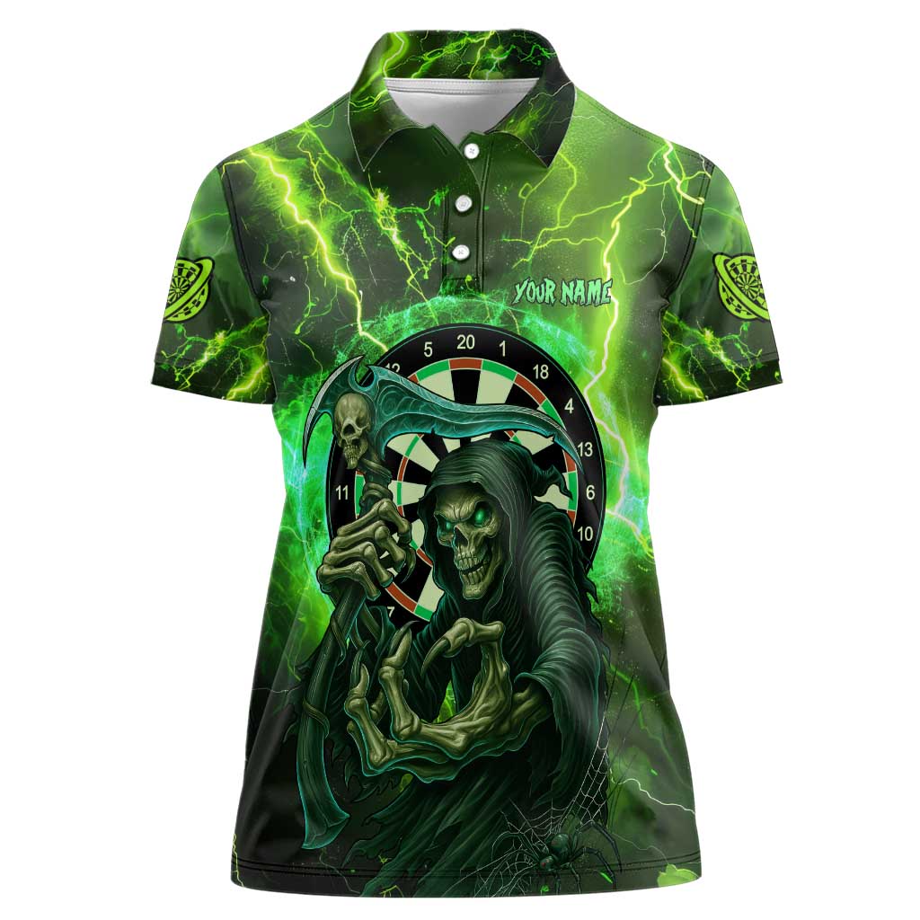 Grim Reaper and Dartboard Darts Women Polo Shirt with Green Lightning Background and Custom Team Name - Wonder Print Shop
