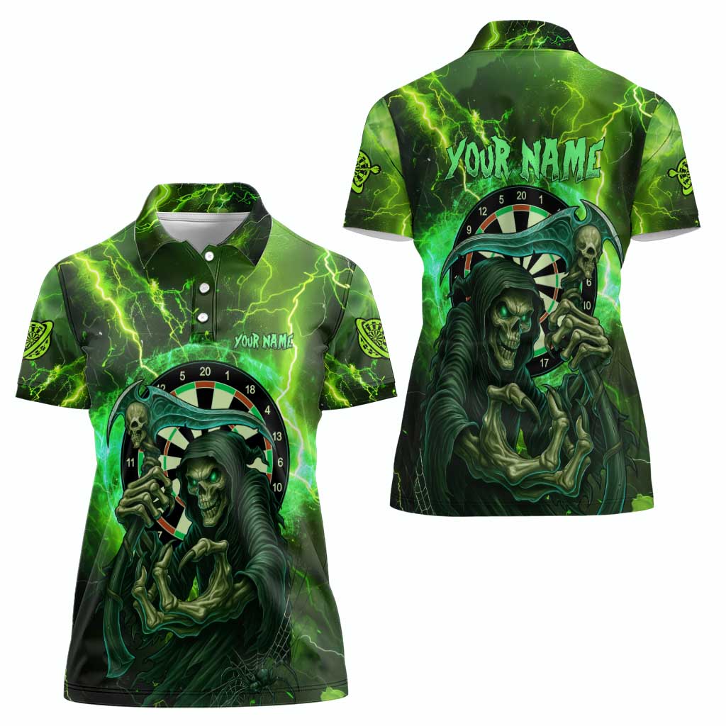 Grim Reaper and Dartboard Darts Women Polo Shirt with Green Lightning Background and Custom Team Name - Wonder Print Shop