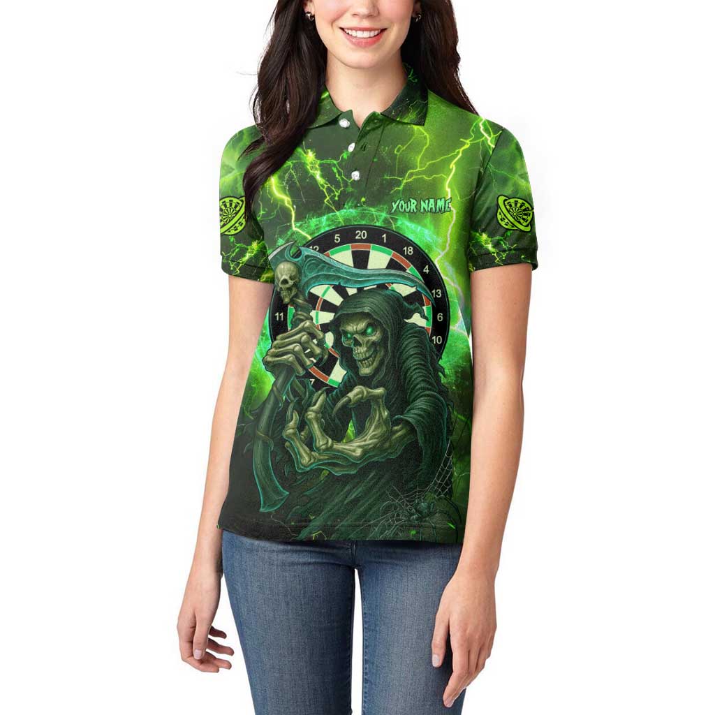 Grim Reaper and Dartboard Darts Women Polo Shirt with Green Lightning Background and Custom Team Name - Wonder Print Shop