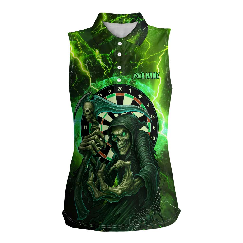 Grim Reaper and Dartboard Darts Women Sleeveless Polo Shirt with Green Lightning Background and Custom Team Name - Wonder Print Shop