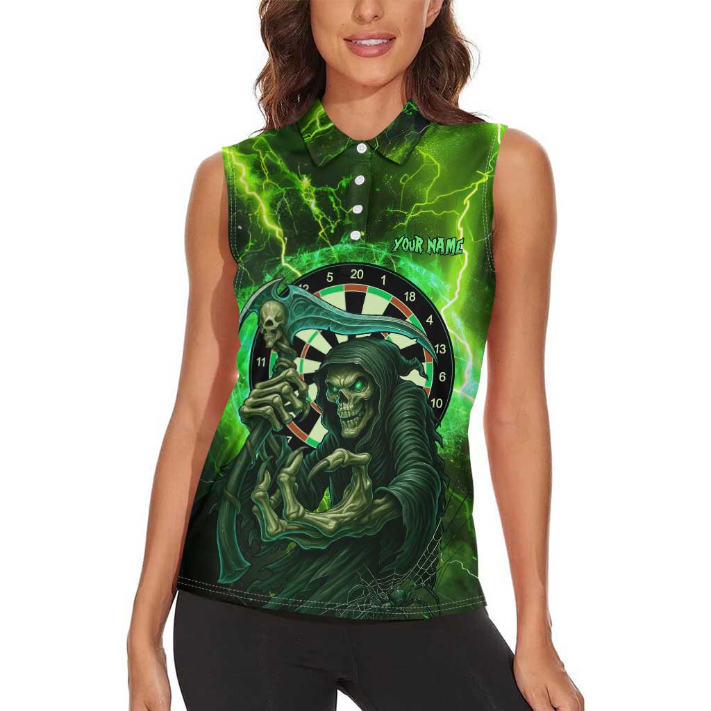 Grim Reaper and Dartboard Darts Women Sleeveless Polo Shirt with Green Lightning Background and Custom Team Name - Wonder Print Shop