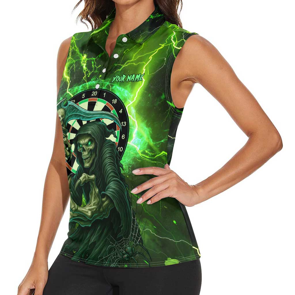 Grim Reaper and Dartboard Darts Women Sleeveless Polo Shirt with Green Lightning Background and Custom Team Name - Wonder Print Shop