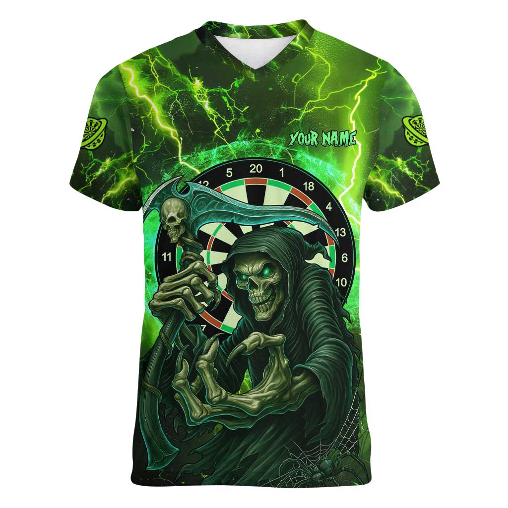 Grim Reaper and Dartboard Darts Women V-Neck T-Shirt with Green Lightning Background and Custom Team Name - Wonder Print Shop