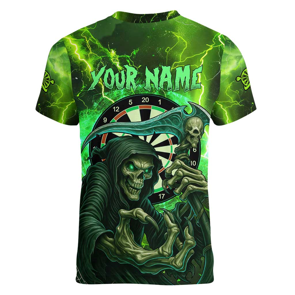 Grim Reaper and Dartboard Darts Women V-Neck T-Shirt with Green Lightning Background and Custom Team Name - Wonder Print Shop