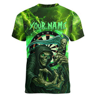 Grim Reaper and Dartboard Darts Women V-Neck T-Shirt with Green Lightning Background and Custom Team Name - Wonder Print Shop