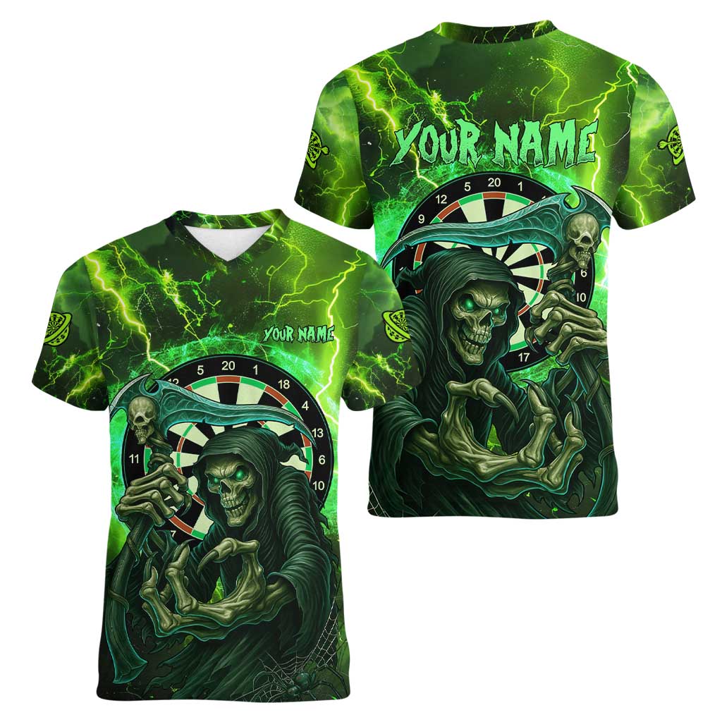 Grim Reaper and Dartboard Darts Women V-Neck T-Shirt with Green Lightning Background and Custom Team Name - Wonder Print Shop